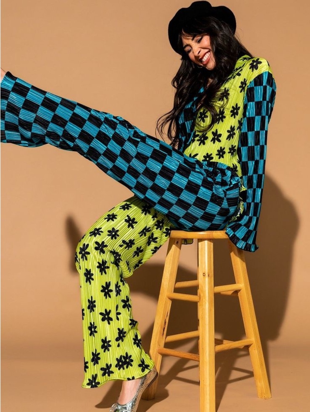 Dressed In Lala Long Sleeve Plisse Set in Retro Dreams Half and Half XL Funky